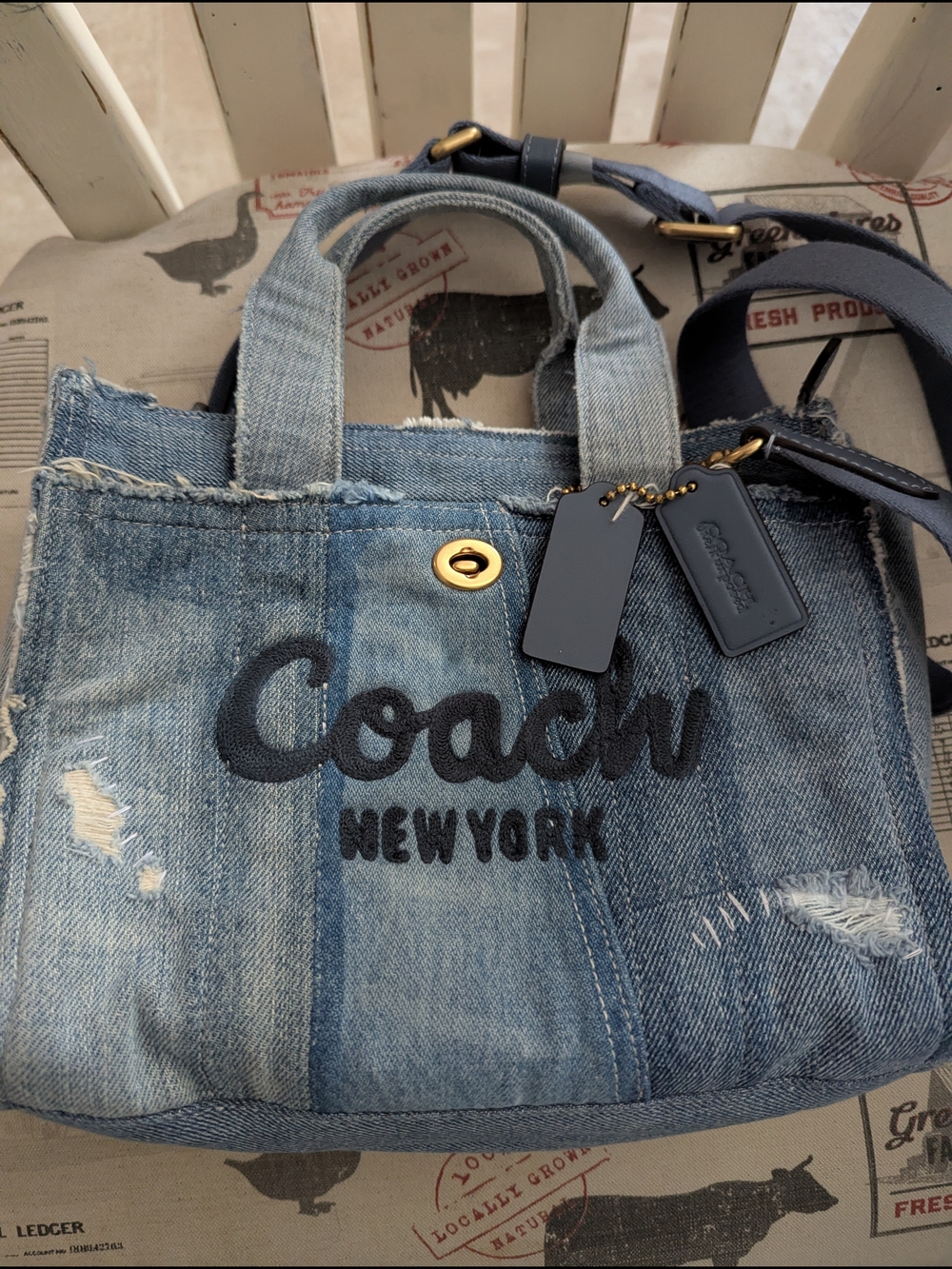 Coach Denim Cargo Tote Upcycled In A Love Denim Size 26 New Without Tags. - Picture 6 of 16